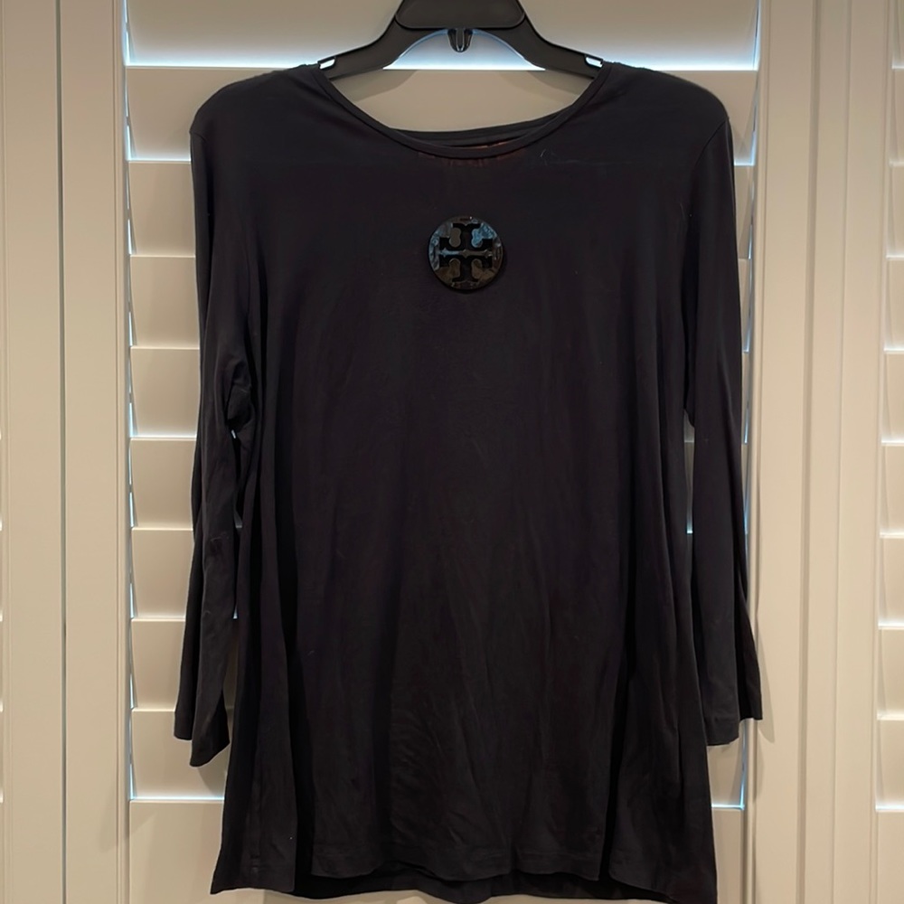 Navy Long Sleeve Tory Burch Shirt with Black Leather Detail